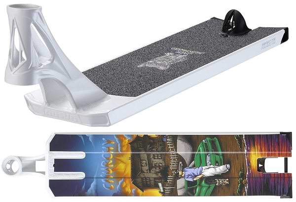 The Blunt Envy AOS V6 Jack Churchward Signature Stunt Scooter Deck (6" x 22") features a silver finish, black grip top, and a vibrant graphic of a painter with a house and green car on the underside.