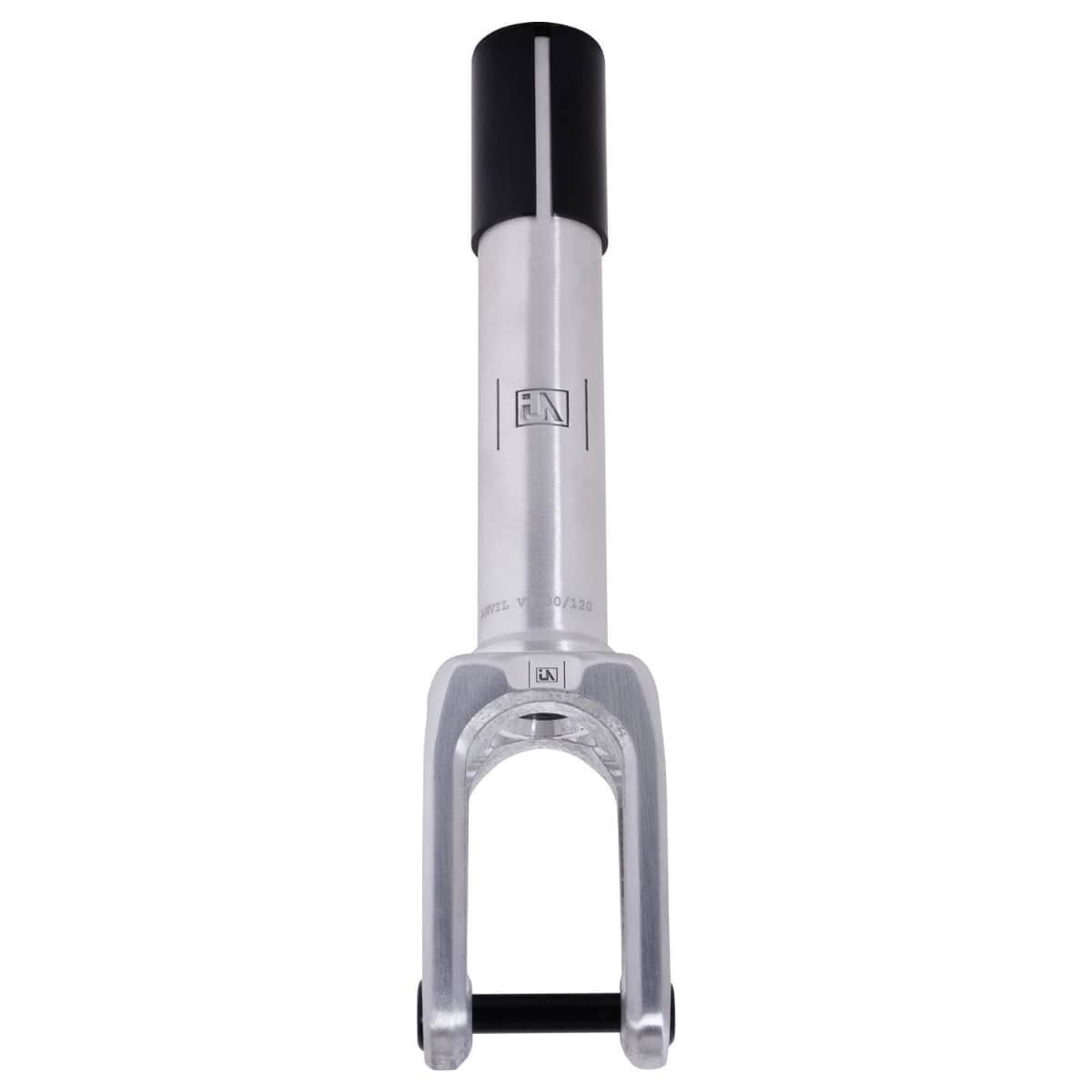 The UrbanArtt Anvil SCS/HIC Stunt Scooter Forks in Raw Silver, made from durable 6061-T6 aluminum, feature a cylindrical top, black cap, and U-shaped lower design perfect for scooter wheel attachment. The side is elegantly engraved with the UrbanArtt logo and is compatible with SCS/HIC compression systems.