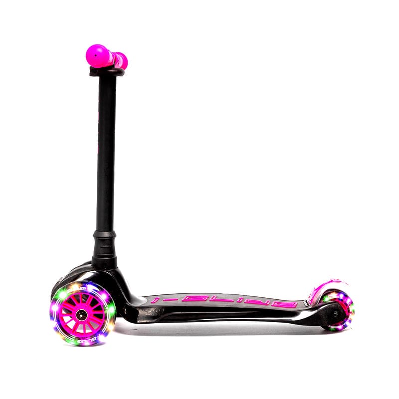 The i-Glide 3-Wheel LED Kids Scooter in Black/Pink comes with an adjustable height handlebar, ideal for children as they grow. Its wheels illuminate with vibrant LED lights, enhancing the fun and style. The brand "I-Glide" is stylishly showcased in pink on the footboard.