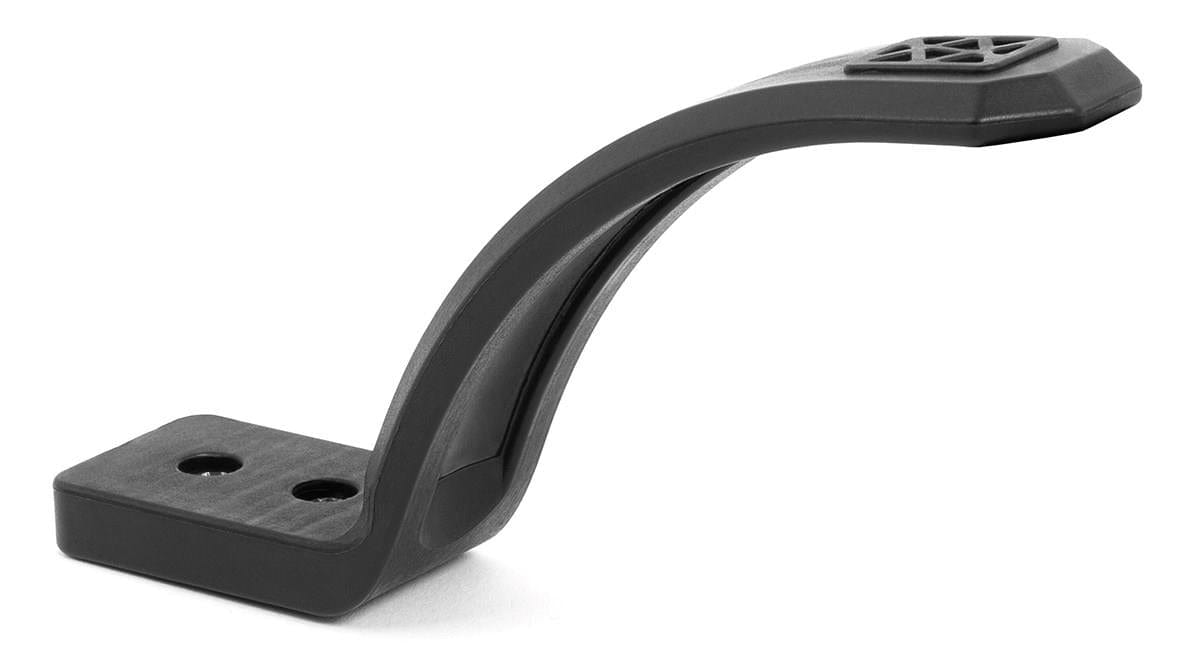 The Slamm Nylon Stunt Scooter Flex Fender - Black, made from reinforced nylon, features a curved design with two screw holes at the base for secure mounting. Its top section is slightly angled and textured, making it ideal as a fender on a stunt scooter.