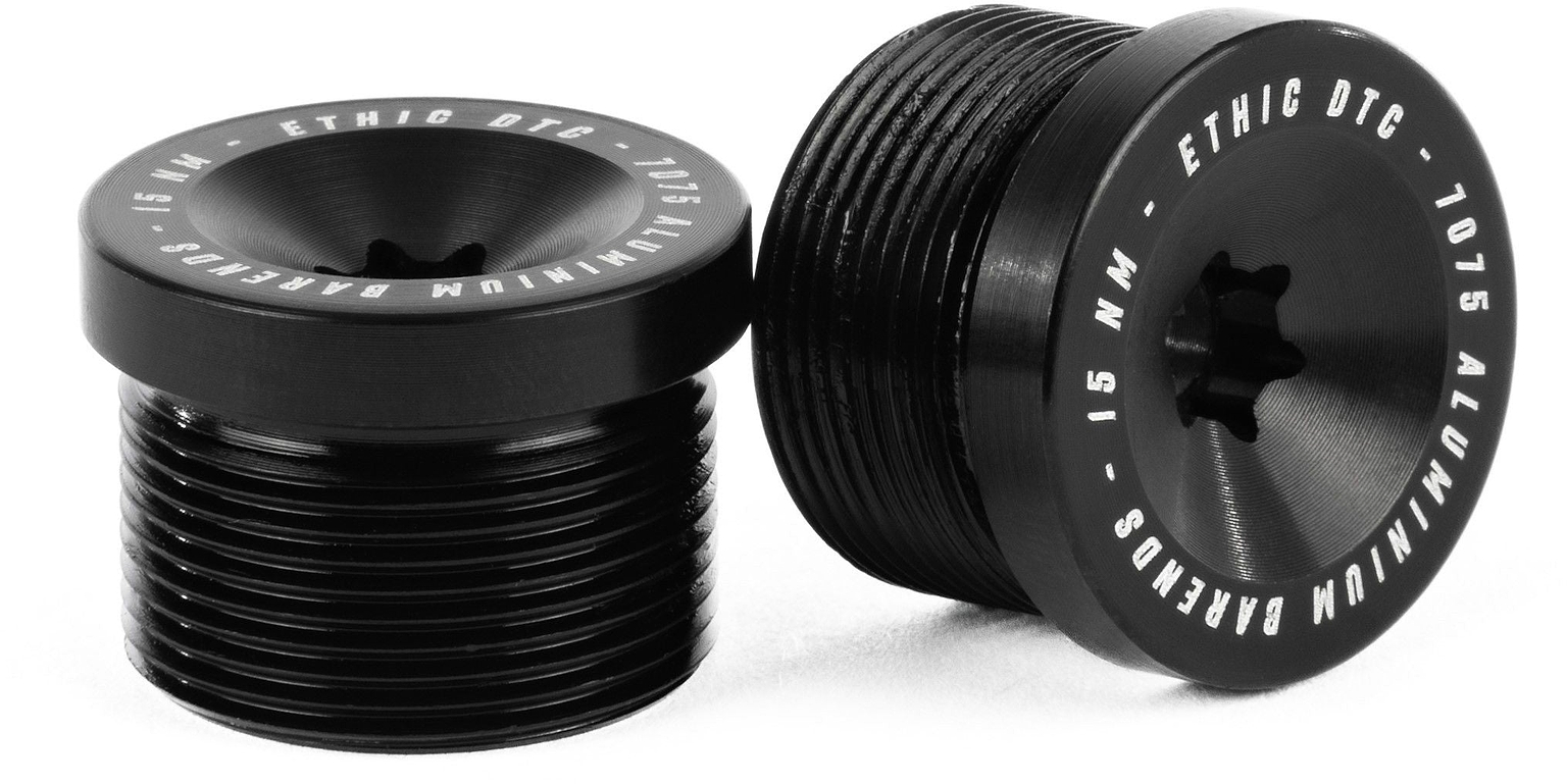 A pair of Ethic Flush Aluminium Stunt Scooter Bar Ends in black, featuring threaded exteriors and the engraved text "ETHIC DTC 7075 ALUMINIUM BARENDS 15 NM" around the top edge—premium bar ends by Ethic, shown standing and lying down on a white surface.