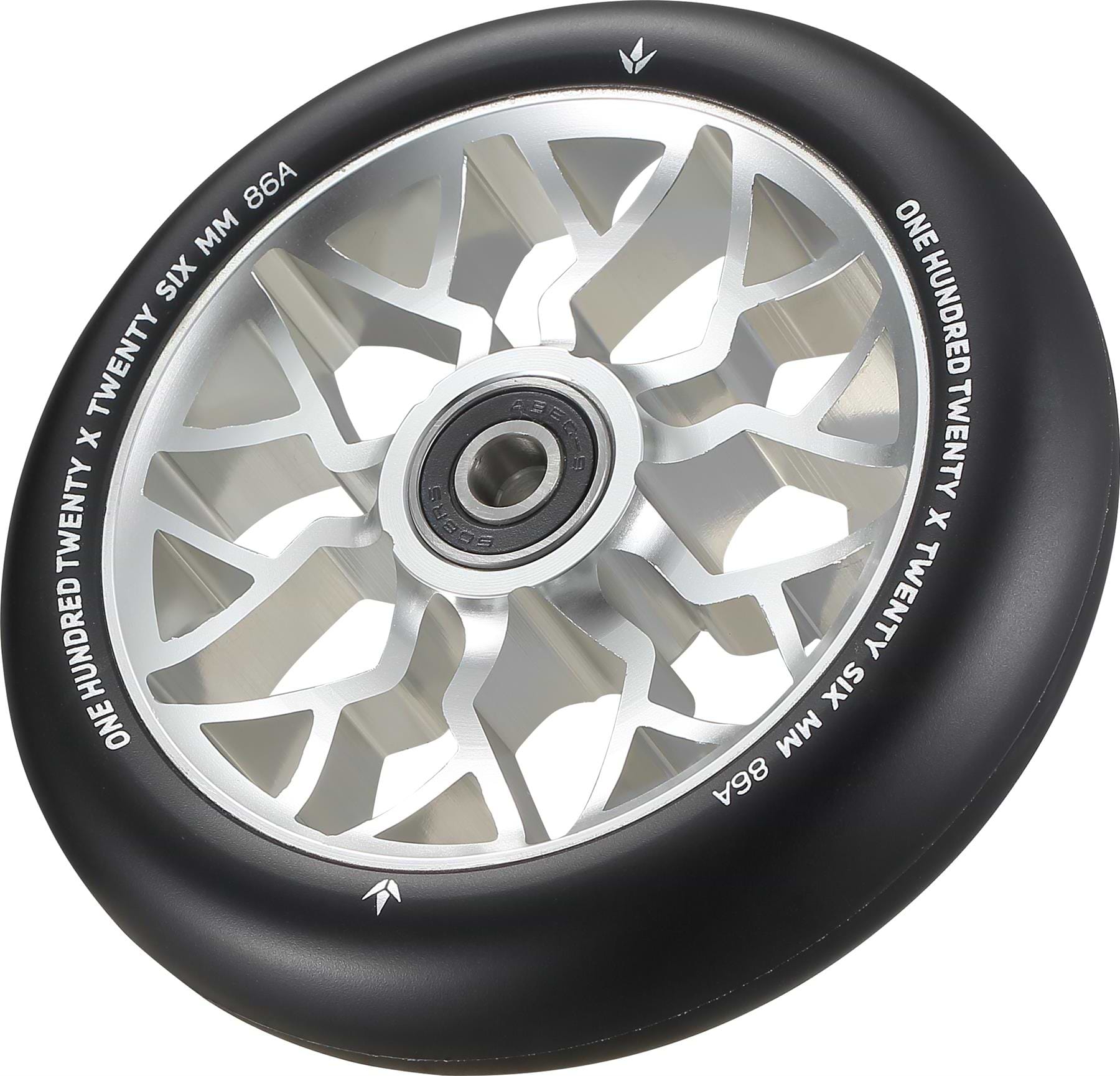 The Blunt Envy Sector 120mm Stunt Scooter Wheel in silver features a geometric spoke design, central ball bearing, and white "ONE HUNDRED TWENTY SIX MM 86A" text on the rubber.
