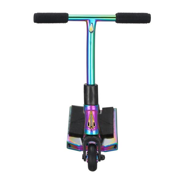 Front view of the Blunt Envy AOS V6 Finger Scooter in Oil Slick Neochrome, featuring black rubber handle grips and a small front wheel, set against a white background.