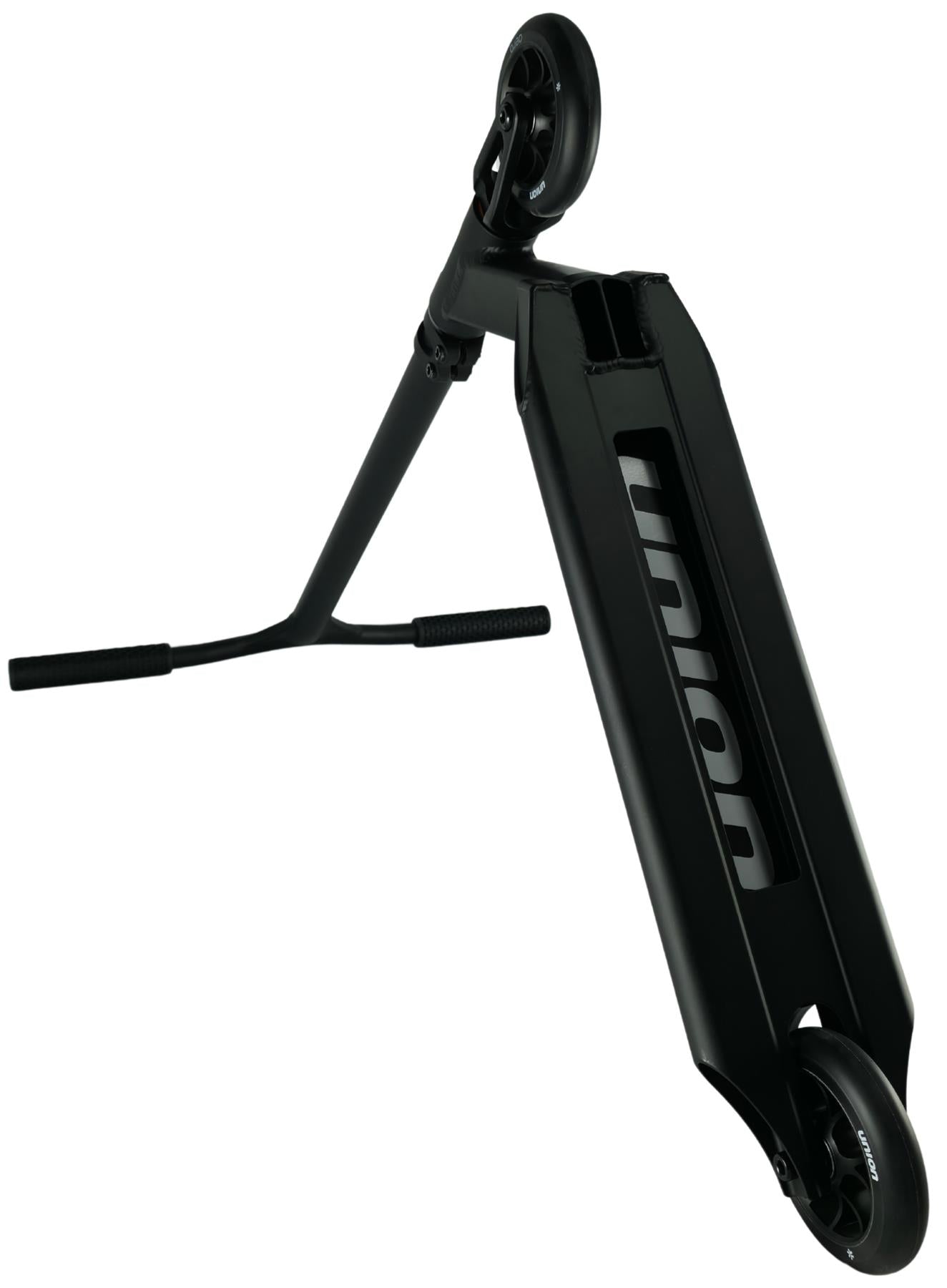 The Union Aero Complete Stunt Scooter - Black by Union is shown angled upward, displaying its lightweight design with visible handlebars and wheels, and "Union" printed on the deck.