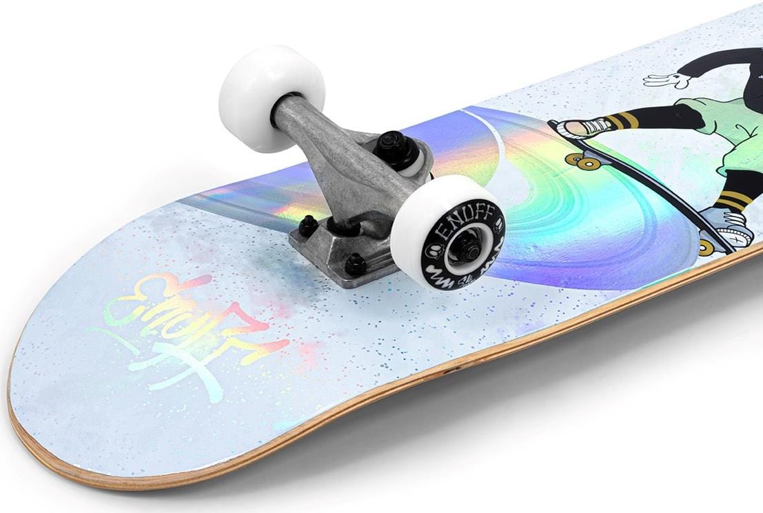 Check out the Enuff Skully Hologram White Mini Complete Skateboard with a vibrant iridescent design and cartoon character mid-trick. It features white wheels with "Enjoy," silver trucks, and high-quality components.