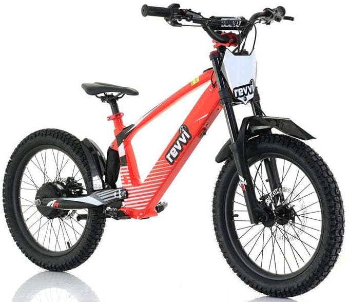 The Revvi 20" Kids Electric Balance Bike in red boasts a red and black design with off-road air-filled tires, a front suspension fork, and handlebars featuring brake levers. "REVV" is prominently displayed on the frame against a white background.