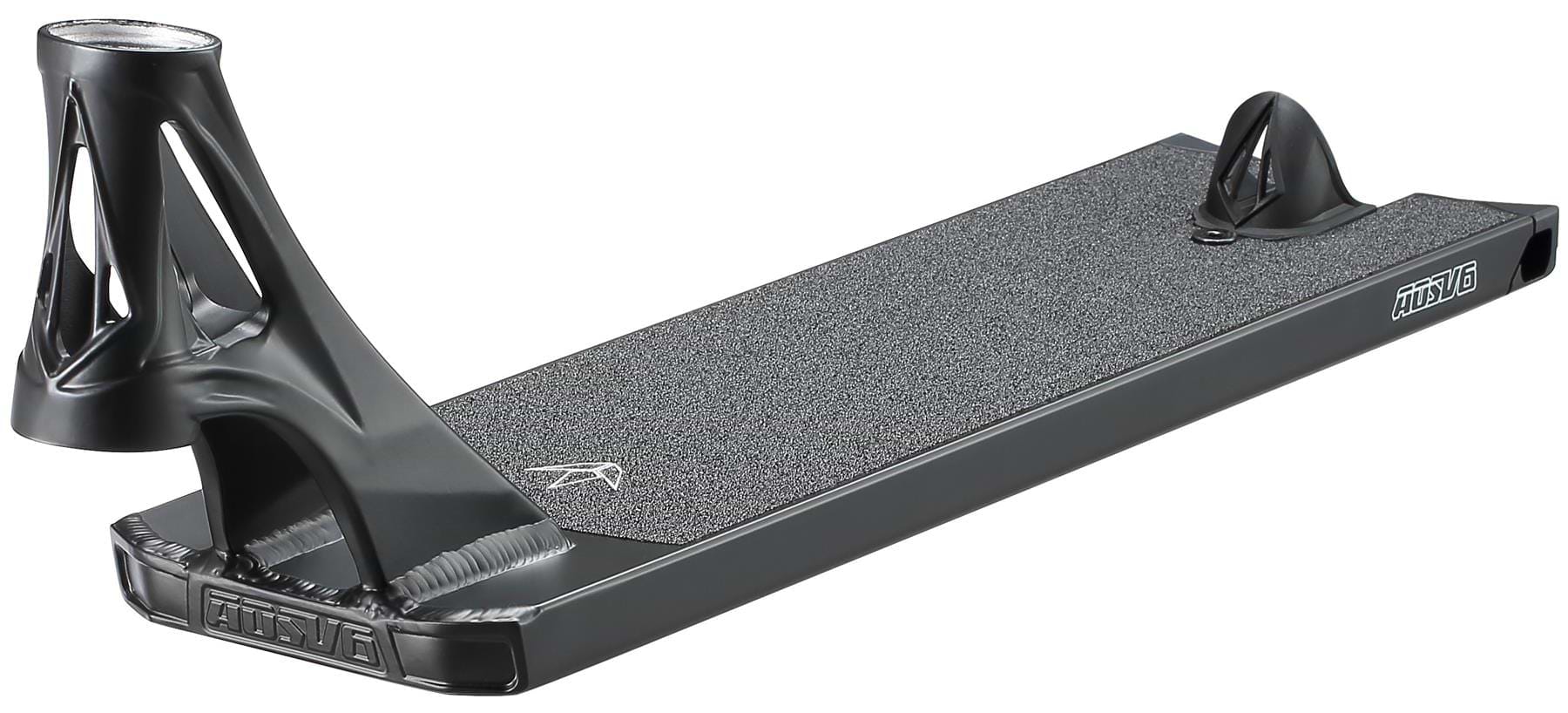 The Blunt Envy AOS V6 Squad Black Stunt Scooter Deck (5.5" x 22") features a textured grip surface, open cutout headtube, and angled rear brake—ideal for any stunt setup. Positioned on a white background.