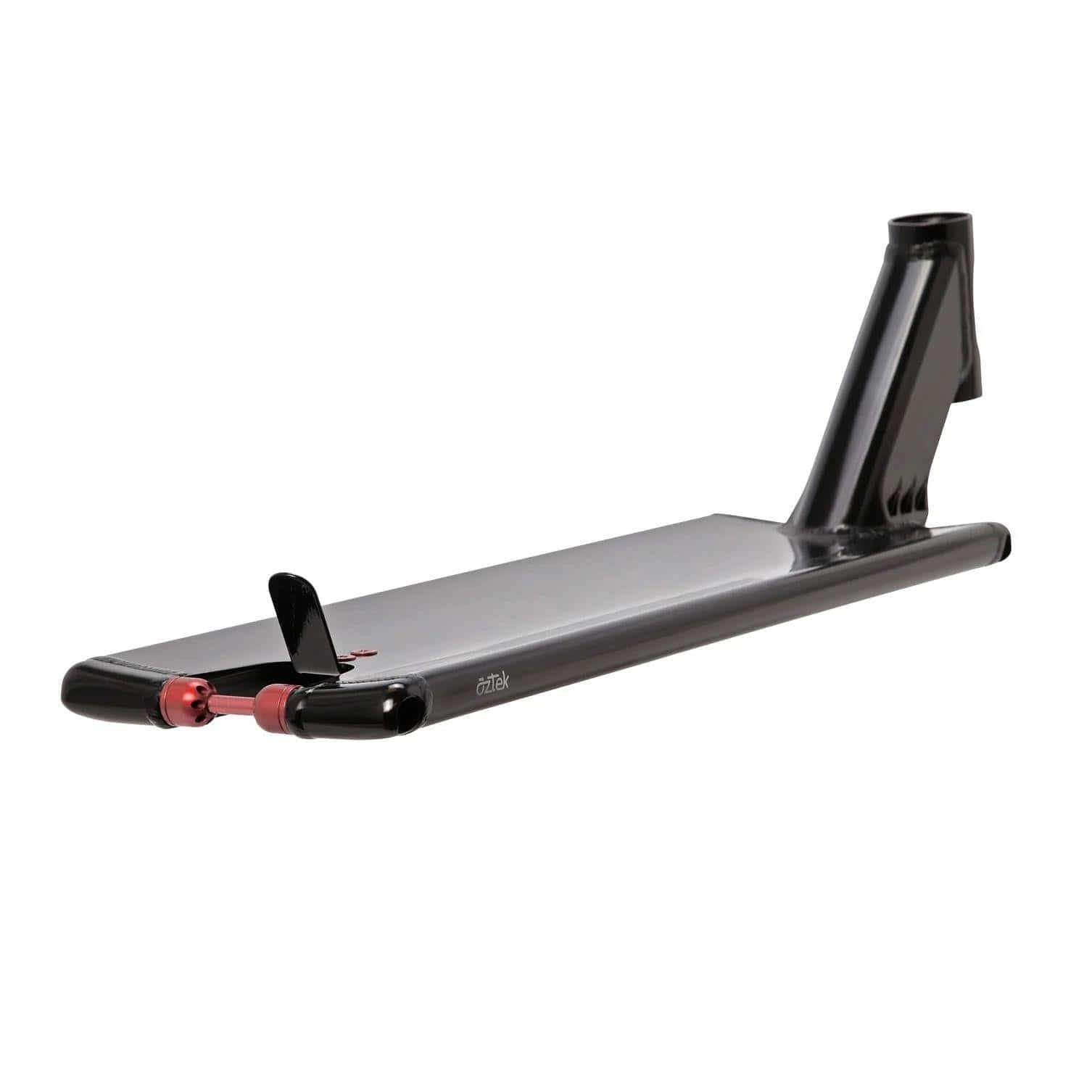 The Aztek Europa 2 Black Stunt Scooter Deck (7" x 24") by Aztek features an integrated head tube for front fork attachment, designed to enhance grinding in street riding. Shown here in black and red on a white background.