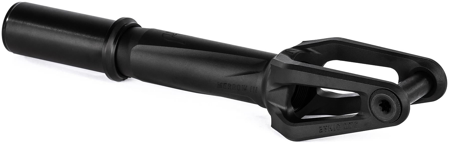 The Ethic DTC Merrow V3 8/12STD IHC Stunt Scooter Fork in black is a lightweight metal fork featuring a cylindrical tube and open pronged design with bolt, ideal for stunt scooters.