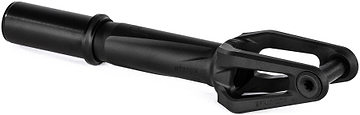 The Ethic DTC Merrow V3 8/12STD IHC Stunt Scooter Fork in black is a lightweight metal fork featuring a cylindrical tube and open pronged design with bolt, ideal for stunt scooters.