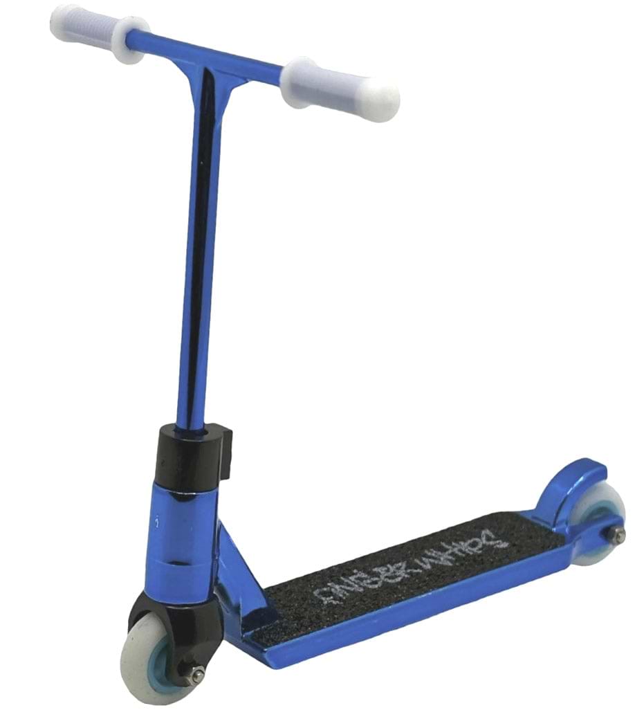 The Finger Whips Finger Toy Scooter - Blue Chrome features a blue deck, white handle grips, two wheels with white rims (the front larger than the rear), and a black textured foot deck—ideal for awesome Finger Whips tricks.