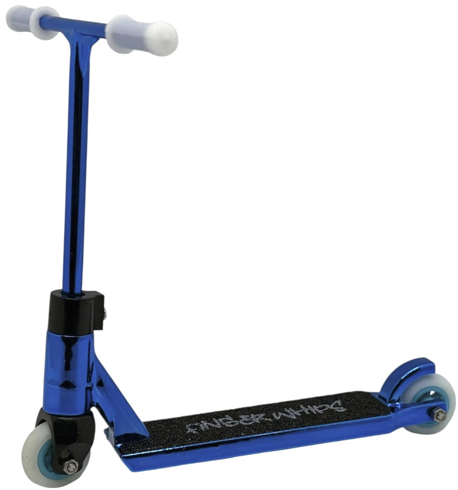 The Finger Whips Finger Toy Scooter - Blue Chrome by Finger Whips features a blue chrome deck with black grip tape and white writing, white handle grips, two front wheels, and one rear wheel—ideal for mastering finger scooter tricks.