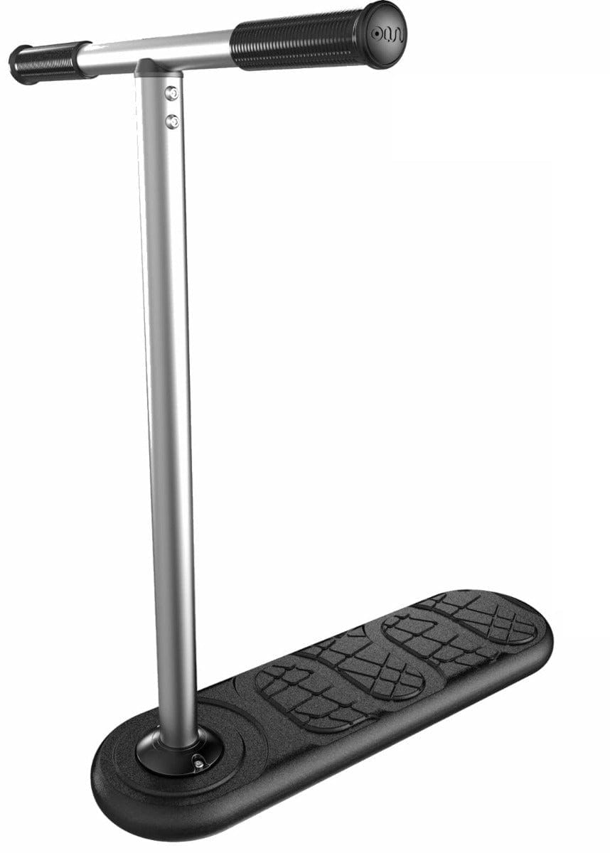 The INDO 570mm Indoor Trampoline Stunt Scooter in black features a T-shaped handlebar and a footrest with shoe tread patterns, specially designed for jumping and balance exercises to enhance your riding skills like a trampoline scooter.