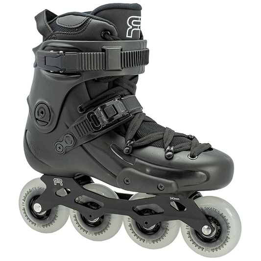 The FR Skates FR2 80 Inline Skates - Black, offered by FR Skates, boast a streamlined black design equipped with adjustable straps and high ankle support, making them ideal for freestyle skating. These skates feature four white wheels and rockerable R2 frames, along with secure laces and buckles, perfect for recreational or urban adventures.