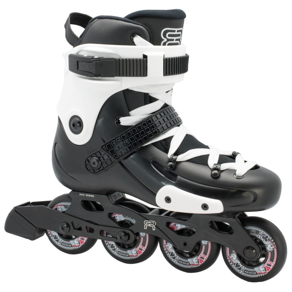 The FR Skates FRW 80 Women's Inline Skates in black and white feature four durable FR Street Kings wheels, adjustable straps, and a sturdy frame ideal for freeride skaters. The wheels prominently display the FR Skates branding.