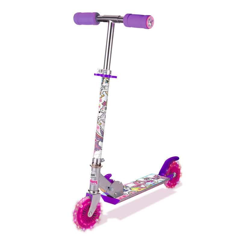 Introducing the Ozbozz Unicorn Dreamland Light Up Foldable Kids Kick Scooter, featuring a decorated deck, handlebar stem, purple grips, and pink light-up wheels. Perfect for young adventurers ready to glide into fun with its playful design!.