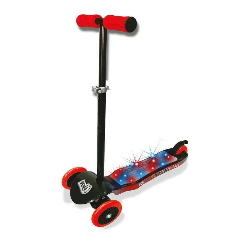 The Ozbozz Light Burst Light Up Kids Tri-Scooter in Black and Red is a stylish three-wheeled children's scooter. It features bold red handlebars and wheels, while its light-up deck is adorned with small blue and red LED lights for added excitement.