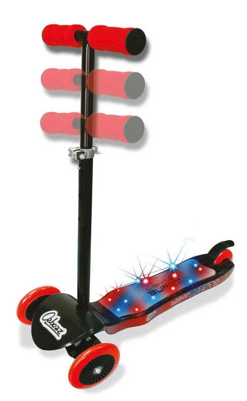 Introducing the Ozbozz Light Burst Light Up Kids Tri-Scooter in Black and Red: a sleek three-wheeled scooter with adjustable handles and a captivating light-up deck. The Ozbozz brand logo is prominently displayed on the front wheel cover, enhancing every ride with a stylish flair.