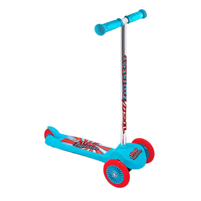 Introducing the Ozbozz Trail Twist V4 Kids Tri-Scooter in Blue, a colorful children's scooter that combines vibrant blue and red hues. Designed with three wheels, this tilt-to-steer model boasts a sturdy handlebar and showcases the "Trail Twister" design on its platform. It's perfect for young adventurers looking to enhance their coordination and balance skills.