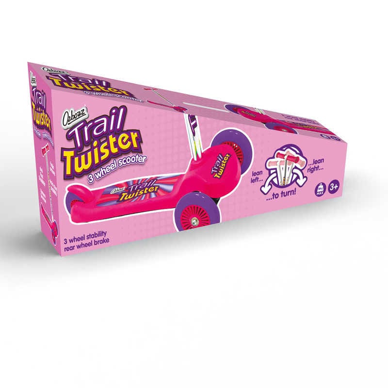 The Ozbozz Trail Twist V4 Kids Tri-Scooter in pink, from the brand Ozbozz, is packaged in a box featuring images and tilt-to-steer instructions. It is crafted to improve children's balance and coordination, making it ideal for ages 3 and up.
