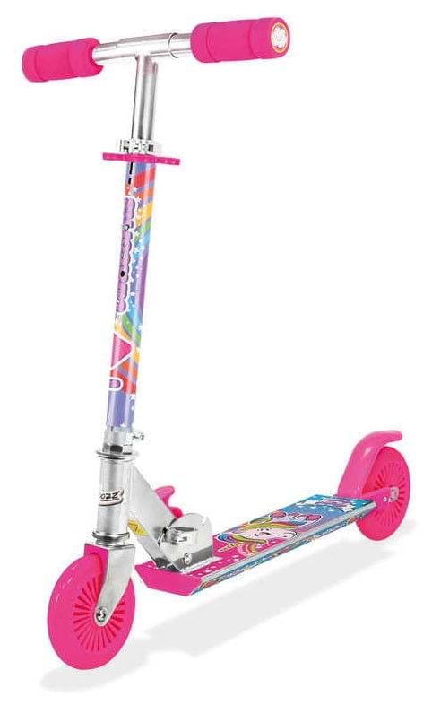 Meet the Ozbozz Unicorn Magical Sparkles Foldable Kick Scooter, a pink and purple delight with vibrant geometric patterns. It features pink handles, wheels, and a decorated deck. Designed for kids, it includes a back foot brake for safety during magical adventures.