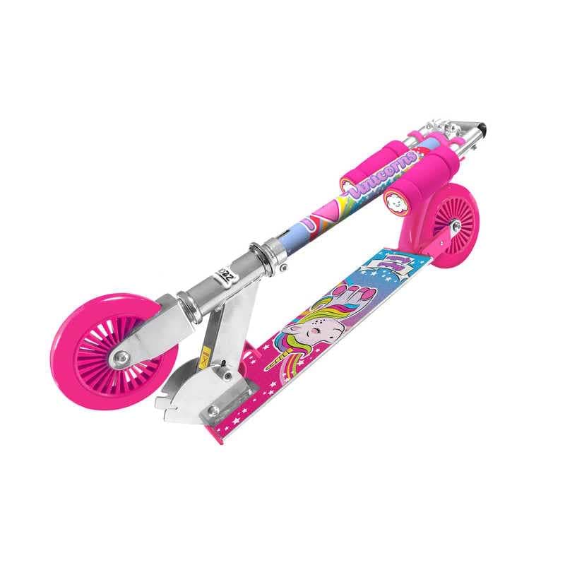 The Ozbozz Unicorn Magical Sparkles Foldable Kick Scooter - Pink features pink wheels and accents, a deck with a unicorn and rainbow mane, adjustable handlebars, a kickstand, and back foot brake for convenience. Perfect for adventures!.