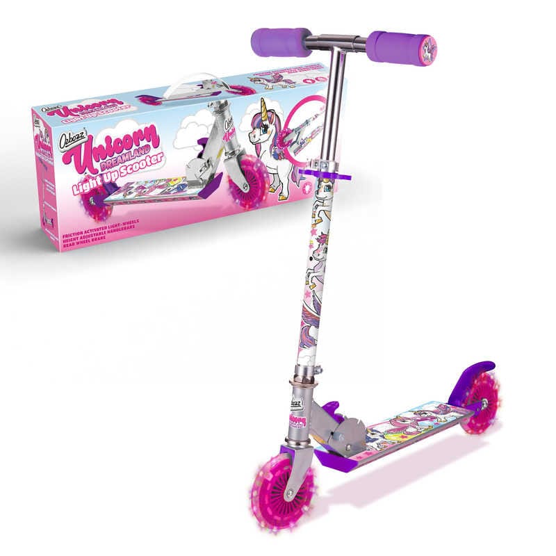 Introducing the Ozbozz Unicorn Dreamland Light Up Foldable Kids Kick Scooter - a vibrant ride featuring purple handlebar grips and glowing pink wheels, complete with a matching pink box adorned with a unicorn illustration.
