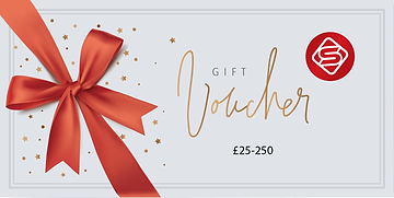 A chic Skates.co.uk gift card adorned with a large red ribbon bow and scattered gold stars reads "Gift Voucher £25-250." With a red circular logo in the top right corner, this digital item shines against a light gray background with a subtle border.