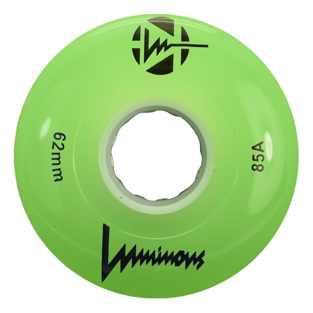 The Luminous LED 85A Quad Roller Skate Wheel in bright green features a hollow center, "62mm" and "85A durometer" markings, black stylized "Luminous" branding, and a black graphic logo.