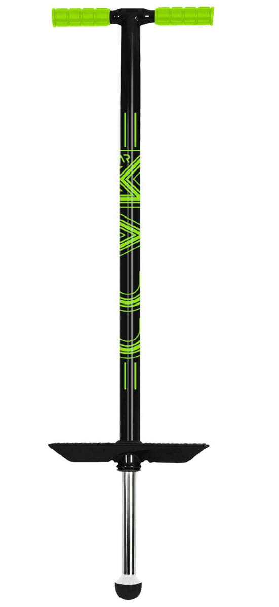 The Madd Gear MGP Pogo Stick - Black / Lime features a black high-grade alloy stem with lime handles and geometric designs. It includes a black footrest and a rubber tip for bouncing, promoting stability and safety.