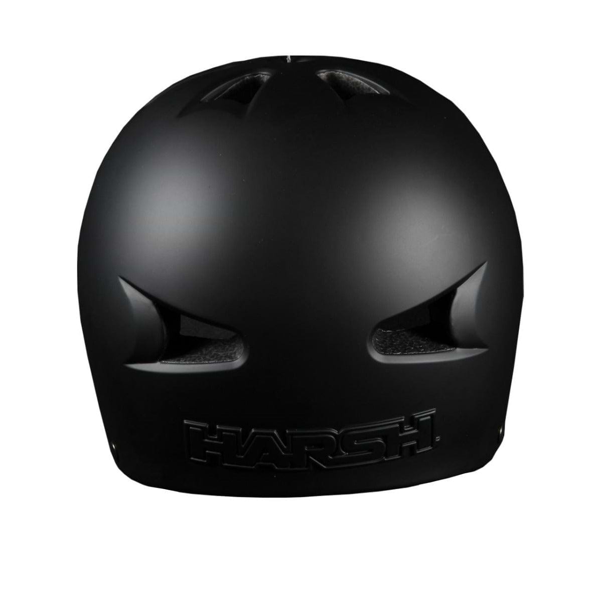 The back view of a matte black helmet reveals its sleek and minimalistic design, complete with two ventilation holes on top. The "Harsh EPS Skate / Scooter Helmet" logo is prominently displayed at the bottom. This CPSC-certified helmet guarantees safety while maintaining an effortlessly stylish look.