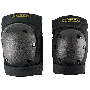The Harsh Attitude Knee / Elbow Combo Skate Protection Pad Set in black, from our Youth Protective Equipment line, includes hard protective shells and adjustable straps. Ideal for safety during action sports such as skating or biking, these pads prominently showcase the Harsh brand name in yellow text on each piece.