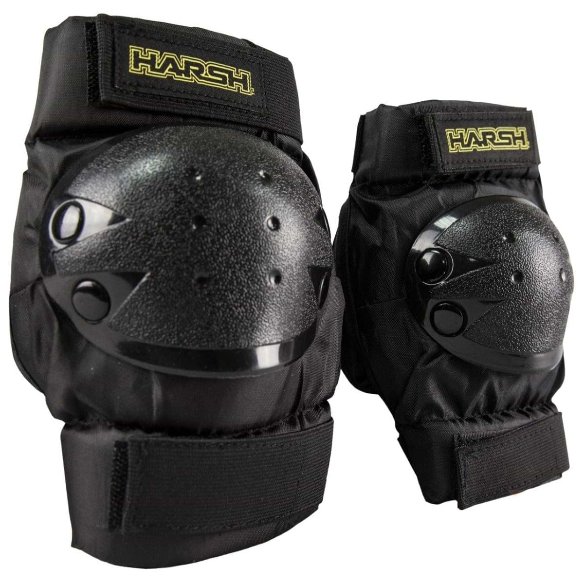 The Harsh Kids Knee / Elbow Combo Skate Protection Pad Set in black includes protective knee pads with hard shell coverings and adjustable straps, ensuring a secure fit for young action sports enthusiasts.