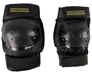 The Harsh Kids Knee / Elbow Combo Skate Protection Pad Set in black features two knee pads with hard plastic caps and adjustable Velcro straps, making it perfect for action sports. The brand name "Harsh" is prominently displayed in yellow text on the elastic bands. This protective gear set, designed for kids, is shown side by side against a white background.