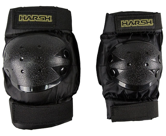 The Harsh Kids Knee / Elbow Combo Skate Protection Pad Set in black features two knee pads with hard plastic caps and adjustable Velcro straps, making it perfect for action sports. The brand name "Harsh" is prominently displayed in yellow text on the elastic bands. This protective gear set, designed for kids, is shown side by side against a white background.