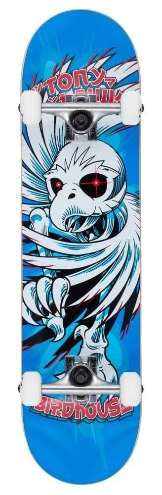 The Birdhouse Stage 1 Hawk Spiral Blue Complete Skateboard, measuring 7.75" x 31.25", showcases a stylized bird with outstretched wings and a red eye against its vibrant blue deck. It combines beginner-friendliness with professional quality and features bold "Tony Hawk" and "Birdhouse" lettering for dynamic appeal.