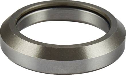 Introducing the Universal Scooter Integrated Headset Bearing Replacement by Universal: a metallic circular ring with a smooth, polished surface. It features a slightly angled edge, giving it a beveled appearance. Its well-defined inner and outer edges highlight its industrial design, making it perfect for replacing your scooter's headset bearings.