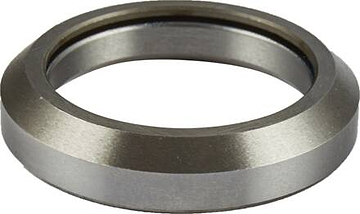 Introducing the Universal Scooter Integrated Headset Bearing Replacement by Universal: a metallic circular ring with a smooth, polished surface. It features a slightly angled edge, giving it a beveled appearance. Its well-defined inner and outer edges highlight its industrial design, making it perfect for replacing your scooter's headset bearings.