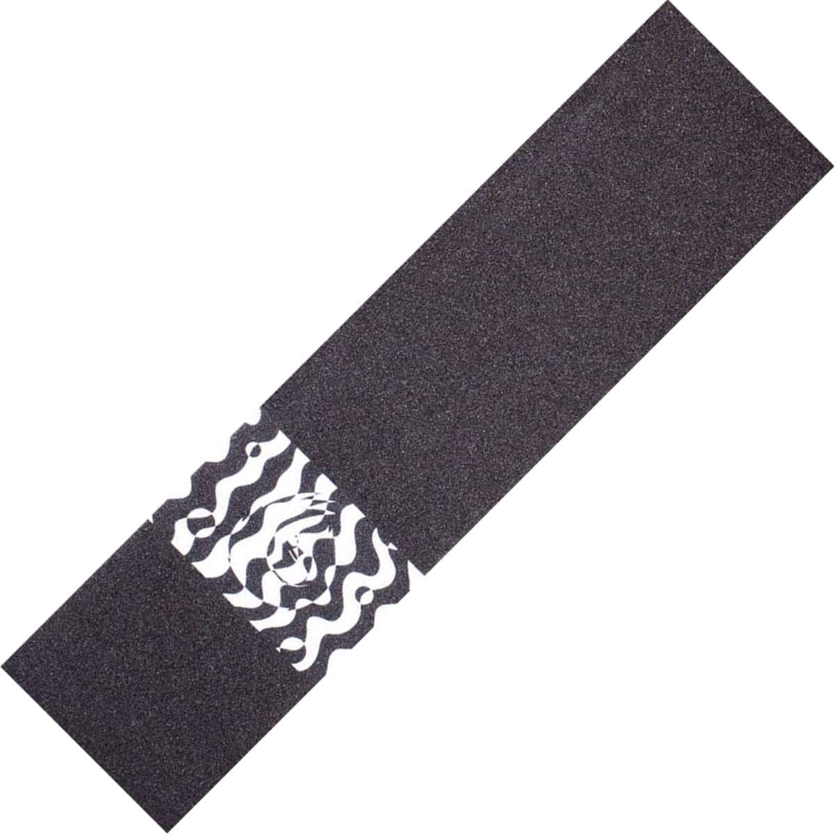 The Hella Grip Trippy Sloth Stunt Scooter Griptape in black and white showcases a central zebra illustration accented by wavy lines, all set against a black backdrop. It is designed with weatherproof adhesive to ensure durability and create a striking visual contrast.