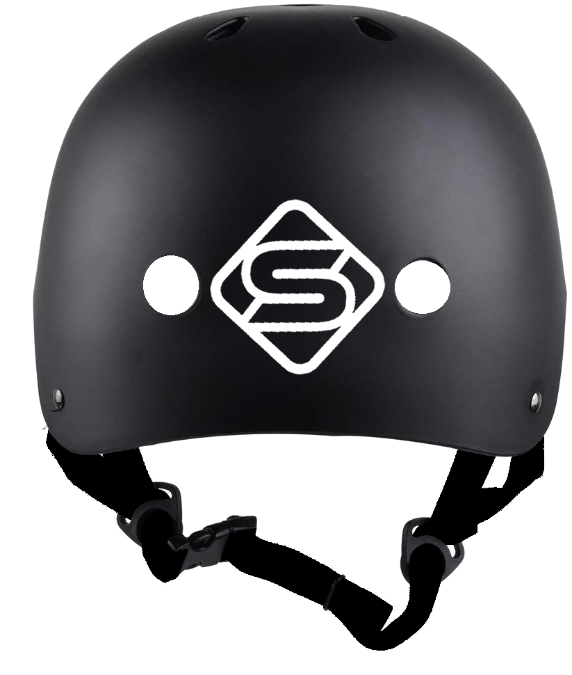 The Legacy Ventus Gold Stunt Scooter Starter Bundle features a matte black helmet with a white “S” logo, two round vents, and an adjustable chin strap—ideal for stunt scooter riders or newcomers.