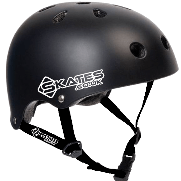 Introducing the Skates.co.uk ABS Skate/Scooter Helmet in Black/White, a stylish helmet designed with ventilation holes and an adjustable strap for a snug fit. The helmet prominently displays the Skates.co.uk logo on both the side and strap, ensuring you look fashionable while staying safe on your ride.