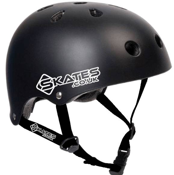 The Legacy Ventus Gold Stunt Scooter Starter Bundle by Legacy includes a black helmet with multiple vents, adjustable chin straps, and "SKATES.CO.UK" logos in white—perfect for stunt scooter riders or as part of a starter set.