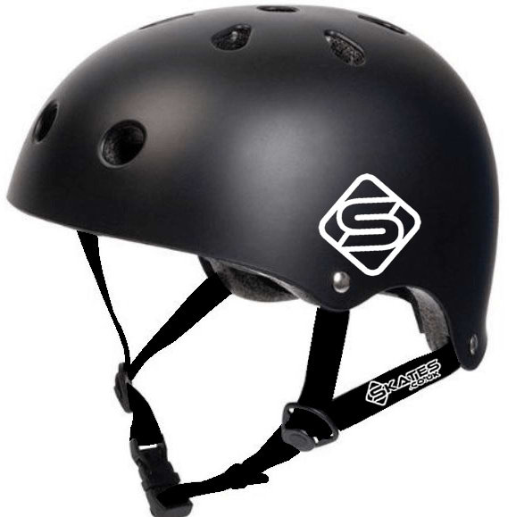 Introducing the Skates.co.uk ABS Skate/Scooter Helmet in Black/White: This helmet comes equipped with ventilation holes and an adjustable chin strap. It features a stylish white "S" logo on the side, making it a practical and fashionable choice for skaters.