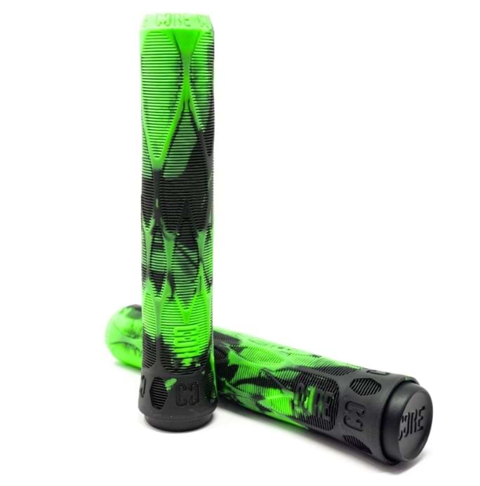 Two CORE Pro Hulk Green / Black Stunt Scooter Grips, each measuring 170mm, are set against a white background. One grip stands upright, while the other leans diagonally against it, displaying the textured spiral design that provides impact protection and their shock-absorbing compound.