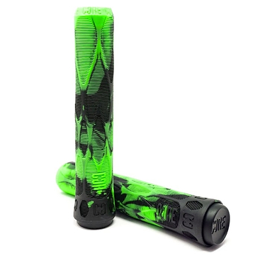 Two CORE Pro Hulk Green / Black Stunt Scooter Grips, each measuring 170mm, are set against a white background. One grip stands upright, while the other leans diagonally against it, displaying the textured spiral design that provides impact protection and their shock-absorbing compound.