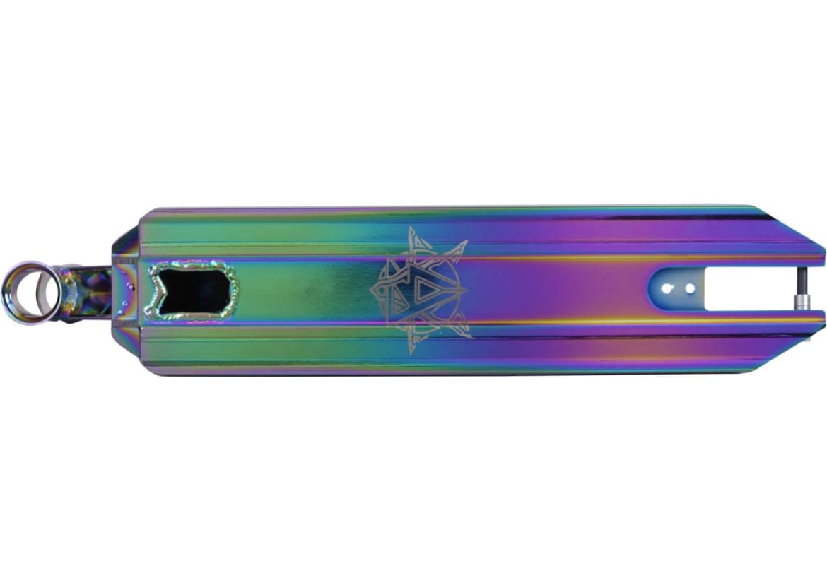 Introducing the Revolution Storm Neochrome Stunt Scooter Deck by Revolution, featuring a vibrant rainbow color scheme and a geometric star design at its center. This 4.7" x 19" skatepark-ready deck has a reflective metallic finish, with cutouts at both ends for easy wheel attachment.