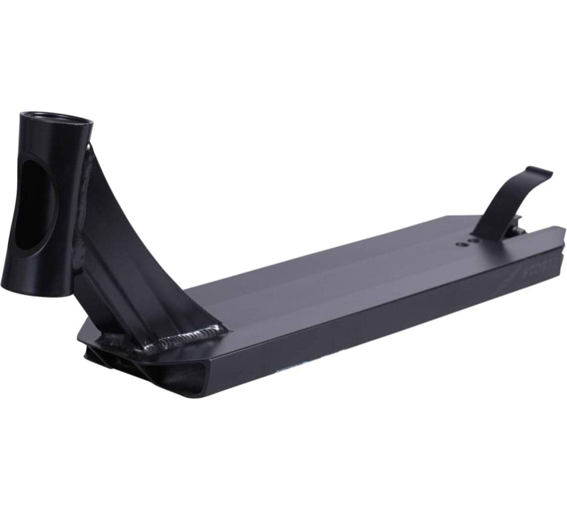 The Revolution Storm Black Stunt Scooter Deck, brought to you by Revolution, is displayed without wheels or a handlebar. It features a robust headtube design and an effective rear brake, making it ideal for dedicated park riders. The minimalist frame showcases a matte finish, perfect for freestyle tricks.