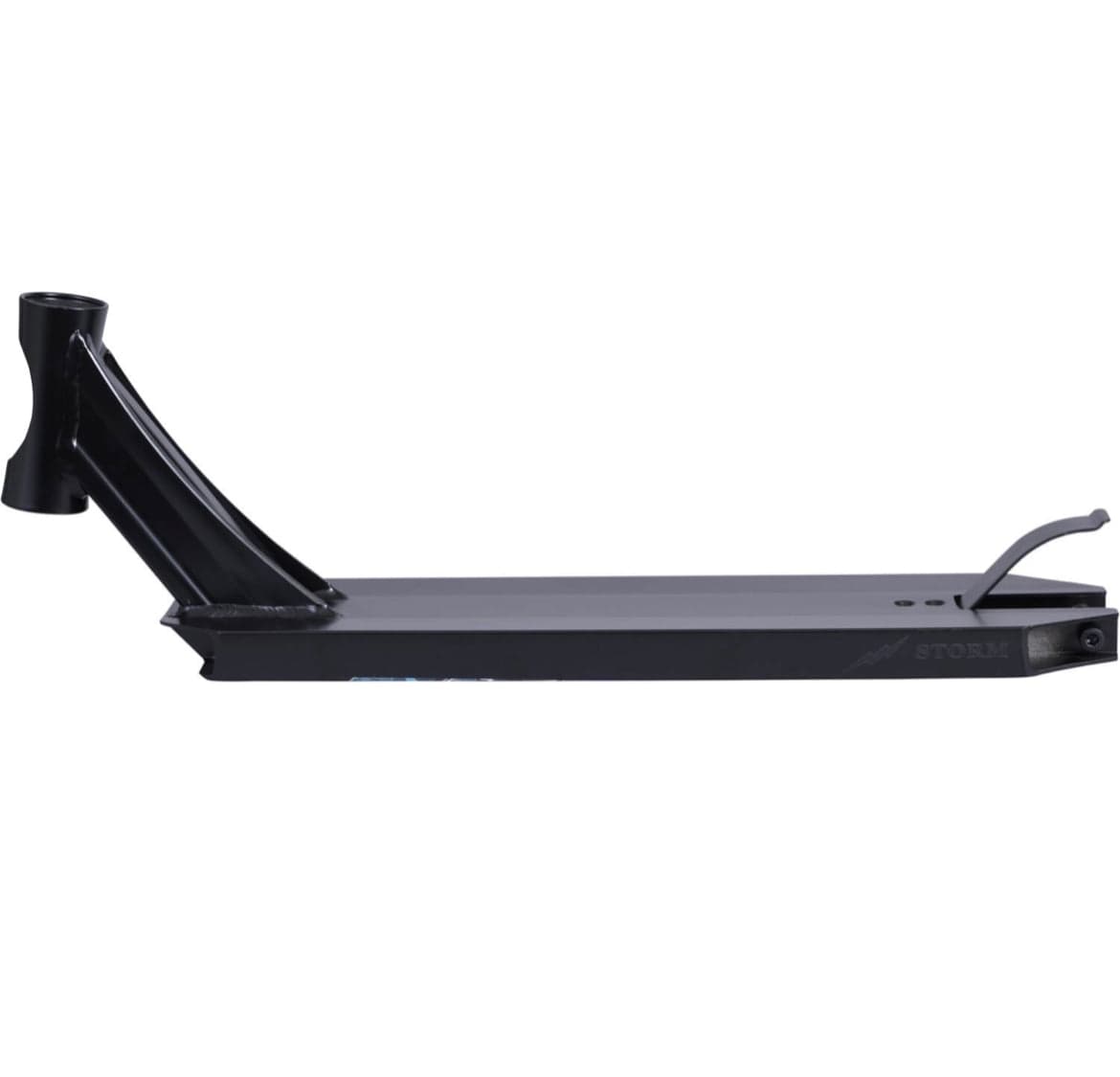 The Revolution Storm Black Stunt Scooter Deck by Revolution measures 4.7" x 19" and features a slightly raised back end with an integrated foot brake, making it ideal for park riders. Its sleek, simple design prominently showcases the word "Storm" near the rear.