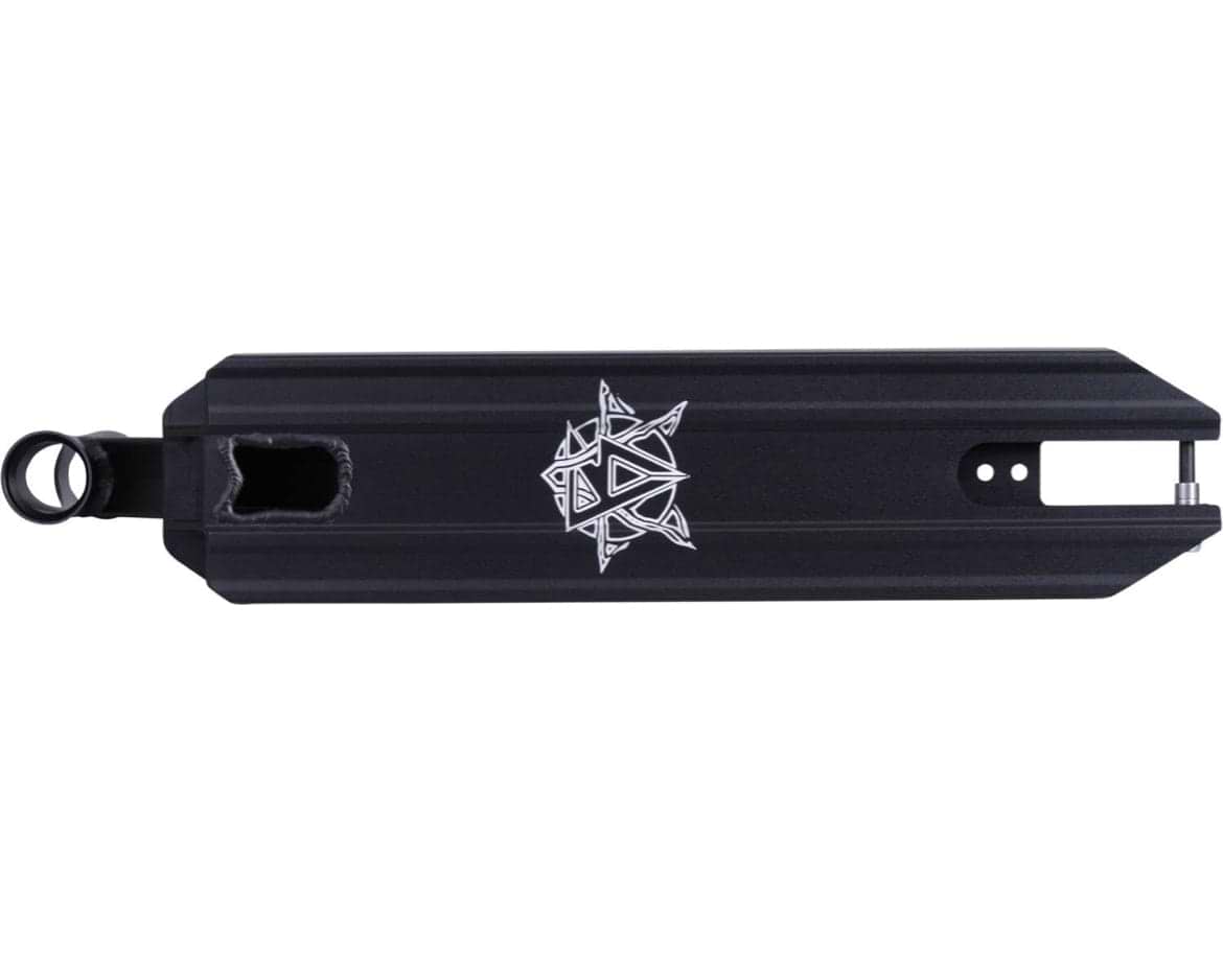 The Revolution Storm Black Stunt Scooter Deck, sized at 4.7" x 19", showcases a sleek design with clean lines and a geometric white emblem in the center. Perfect for any park rider, it includes a square cutout at one end and is complemented by a durable finish.
