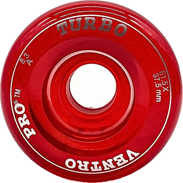 Red Ventro Pro Turbo Quad 83A roller skate wheel by Ventro, featuring white text with a 61.5mm x 35mm size and "83A" durometer hardness rating, viewed from above to show the central hub opening—ideal as replacement wheels for quad roller skates.